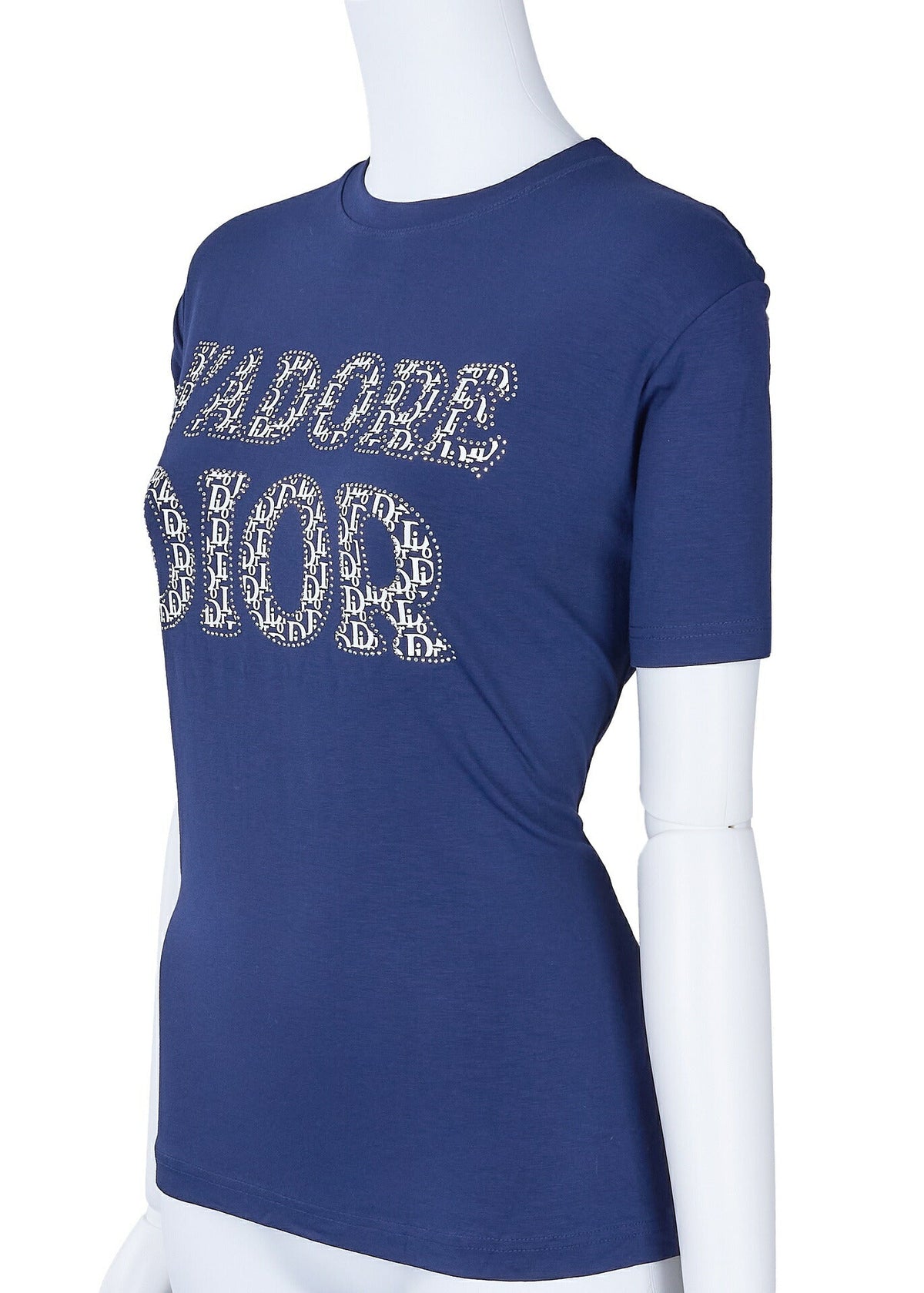 Gebrauchtes T-Shirt, kurzärmelig, Schnittmuster, Polyester, Marineblau, goldfarbene Metallteile, gebraucht