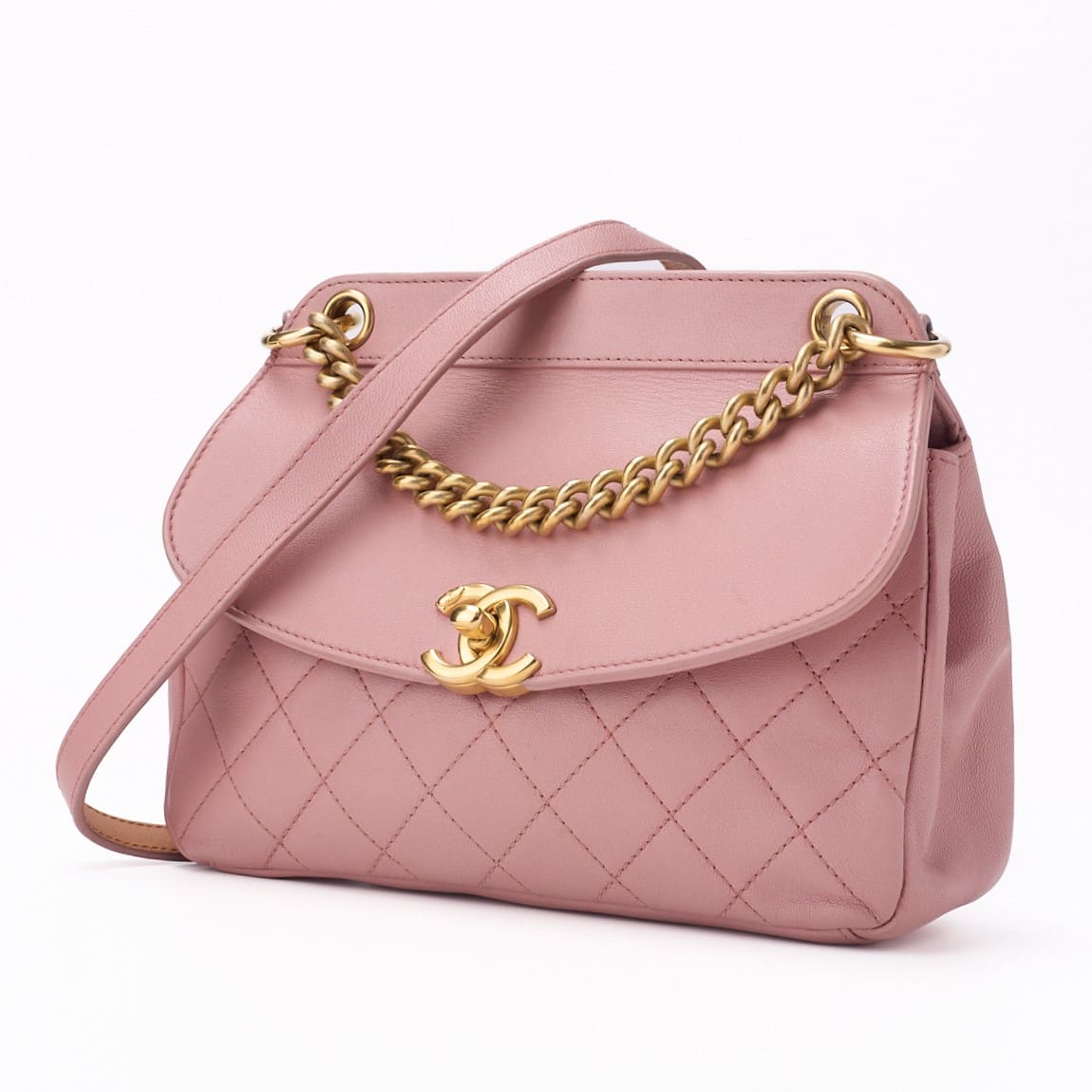 Pre-Owned Mini-Umhängetasche Matelassé Runde Klappe Kette Schulter Lammleder Rosa Goldfarbene Hardware Pre-Owned
