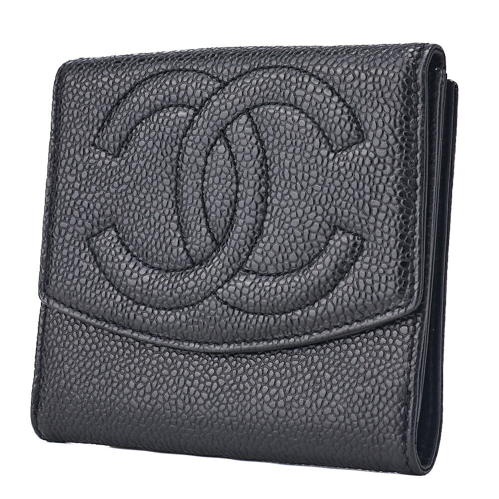 Gebrauchte Bi-Fold Geldbörse Coco Mark Caviar Skin Schwarz Goldfarbene Hardware Gebraucht