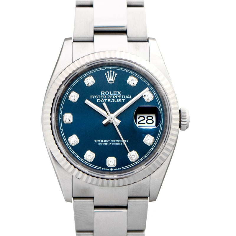 Klassische Uhren 36 mm blaues Zifferblatt aus Edelstahl, Weißgold 126234-0038