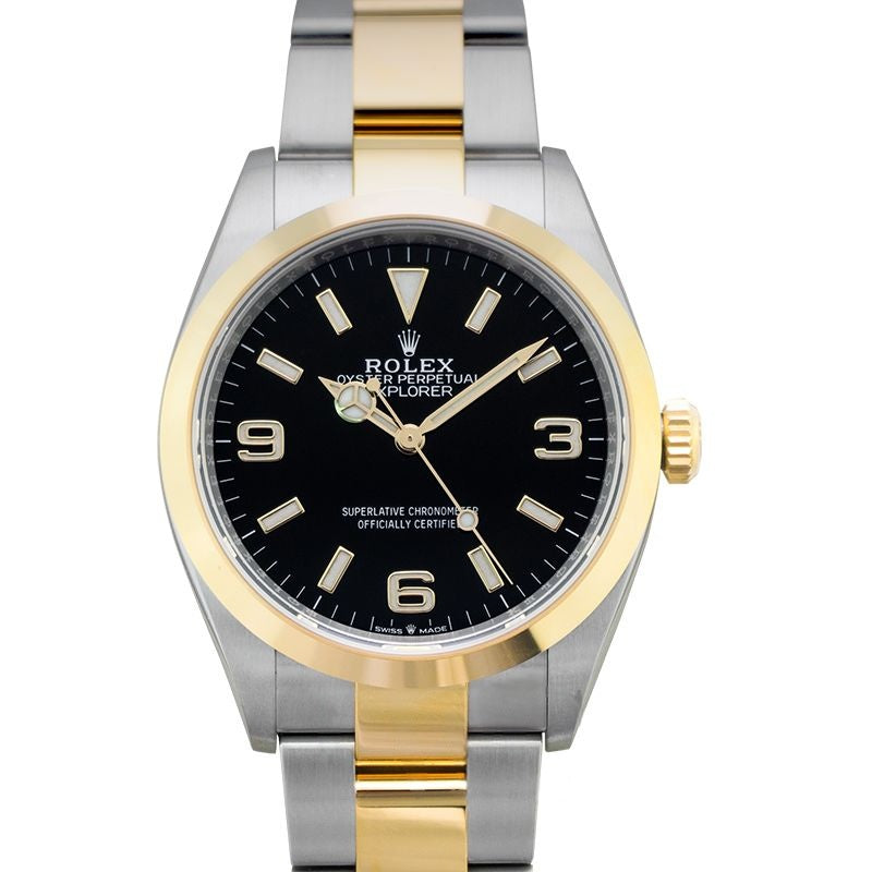 Explorer 36 mm, schwarzes Zifferblatt aus Edelstahl, Gelbgold 124273-0001