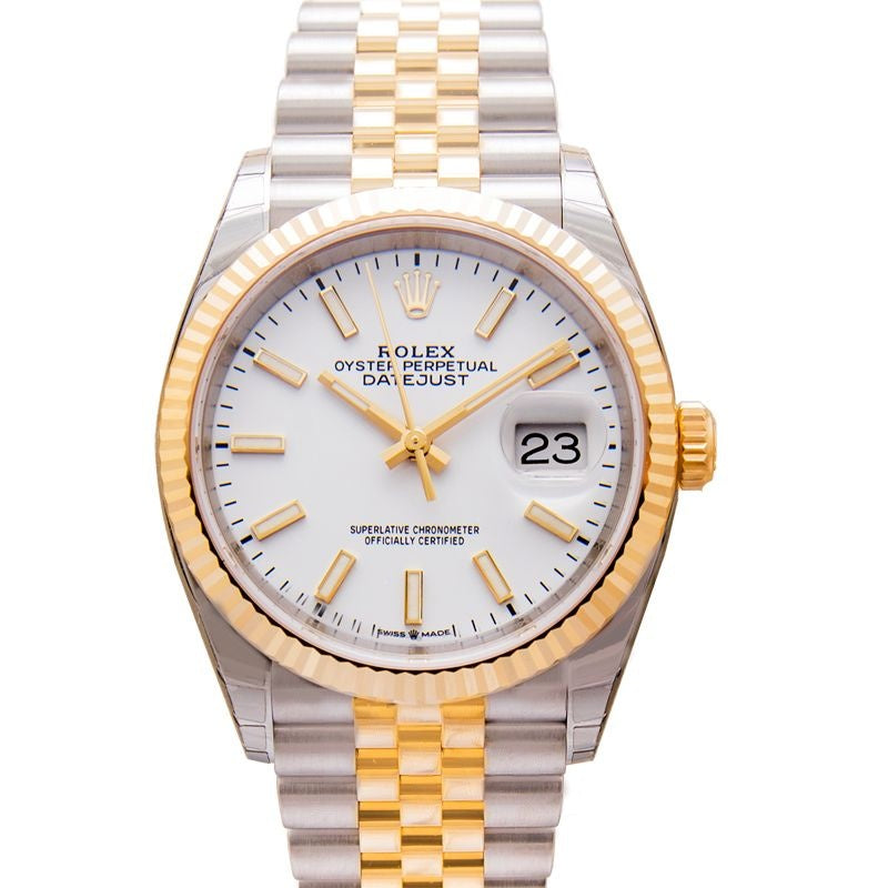 Datejust 36 mm, weißes Zifferblatt aus Edelstahl, Gelbgold 126233