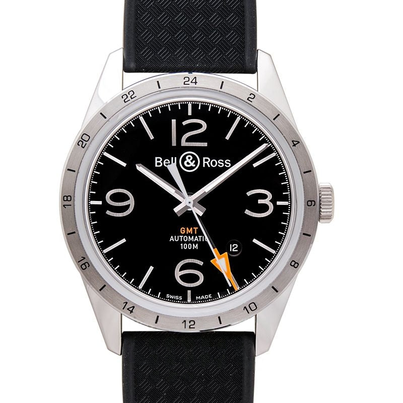 Vintage 42 mm schwarzes Zifferblatt aus Edelstahl BRV123-BL-GMT/SRB