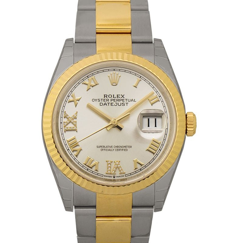 Datejust 36 mm, silbernes Zifferblatt aus Edelstahl, Gelbgold 126233-0032G