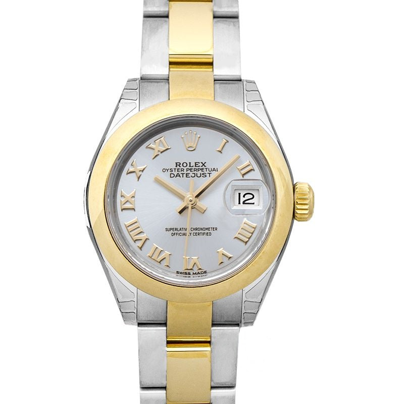 Lady Datejust 28 mm silbernes Zifferblatt aus Edelstahl, Gelbgold 279163-0006