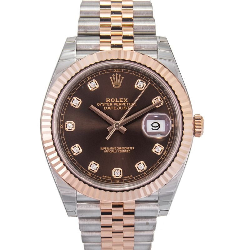 Datejust 41 mm, schokoladenbraun, mit Diamanten besetzt, Zifferblatt aus Edelstahl, Everose-Gold 126331-0004