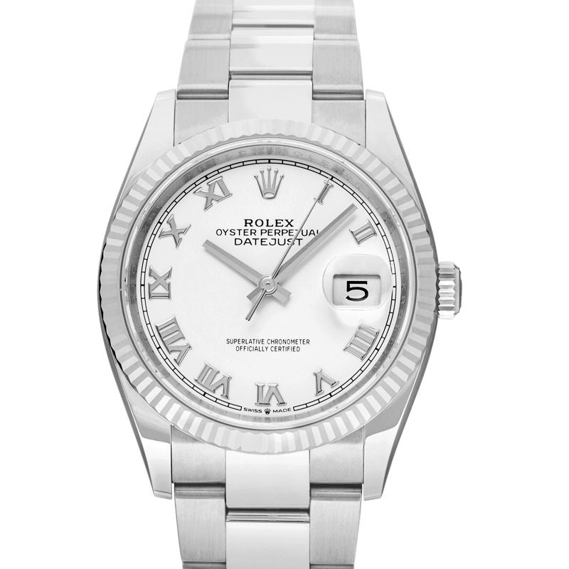 Datejust 36 mm, weißes Zifferblatt aus Edelstahl, Weißgold 126234, weiße römische Oyster