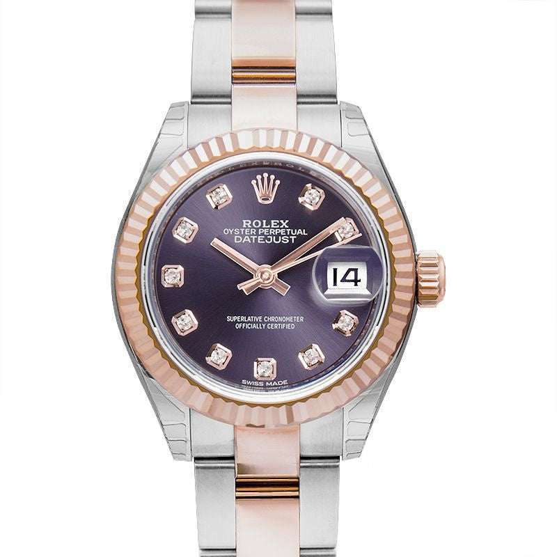 Lady Datejust 28 mm Aubergine mit Diamanten besetztes Zifferblatt aus Edelstahl, Everose-Gold 279171-0016