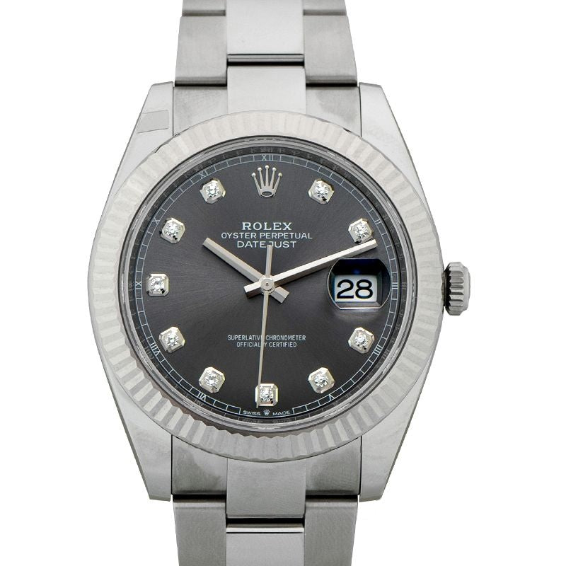 Datejust 41 mm, graues Zifferblatt aus Edelstahl, Weißgold 126334-Rhodium-G-Oyster