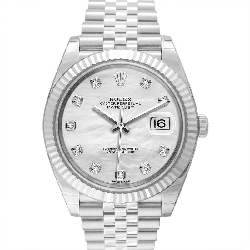 Datejust 41,00 mm, weißes Perlmuttzifferblatt aus Edelstahl, Weißgold 126334