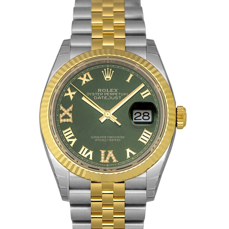 Datejust 36 mm, grünes Zifferblatt aus Edelstahl, Gelbgold 126233-0025