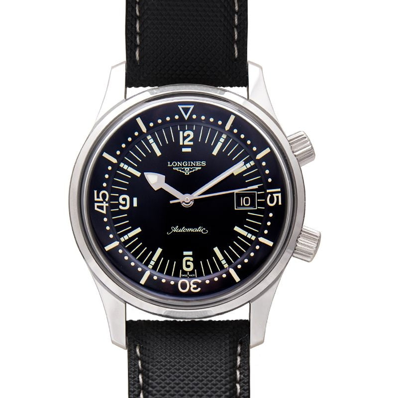 Longines Heritage 42 mm schwarzes Zifferblatt aus Edelstahl L36744500