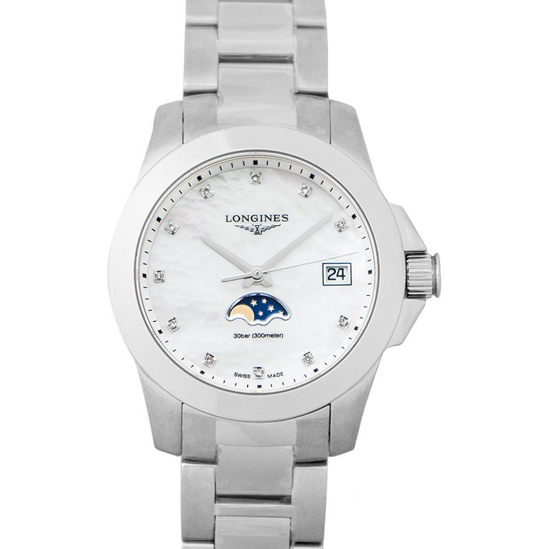 Longines Conquest 34 mm weißes Perlmuttzifferblatt aus Edelstahl L33814876