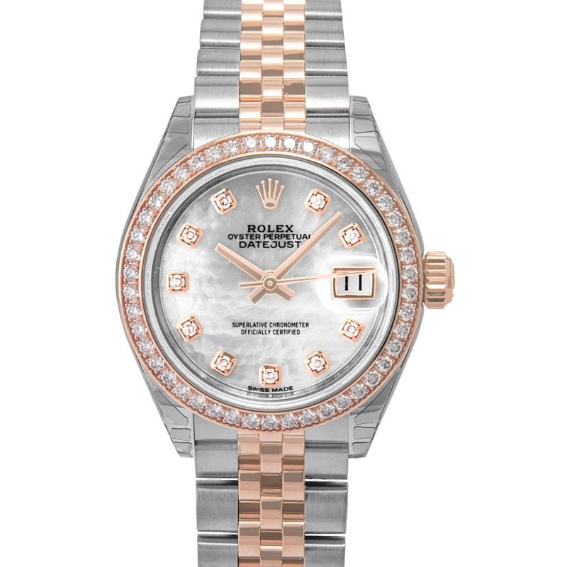 Lady Datejust 28 mm Weißes Perlmutt mit Diamanten Zifferblatt aus Edelstahl, Everose-Gold 279381rbr-0013