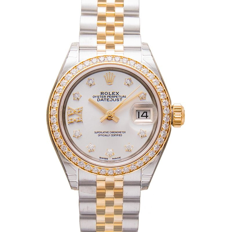 Lady Datejust 28 mm Silber mit Diamanten besetzt Zifferblatt aus Edelstahl, Gelbgold 279383RBR-0003