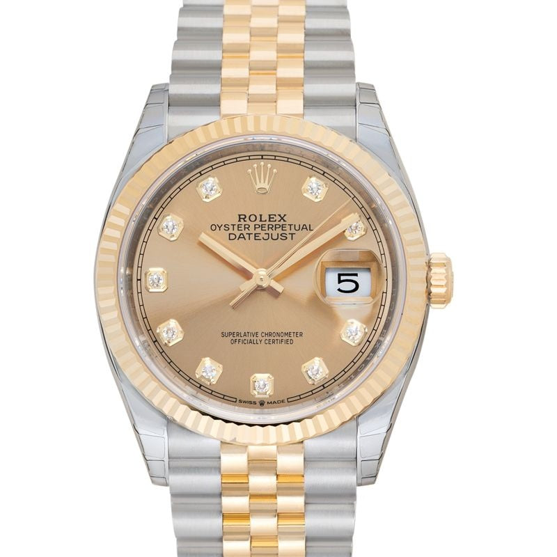 Datejust 36 mm Champagnerfarbenes Zifferblatt mit Diamanten besetzt aus Edelstahl, Gelbgold 126233-0017