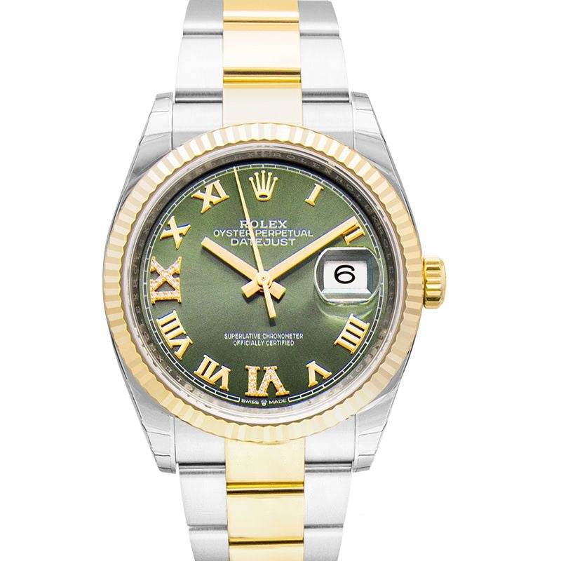 Datejust 36 mm, grünes Zifferblatt aus Edelstahl, Gelbgold 126233