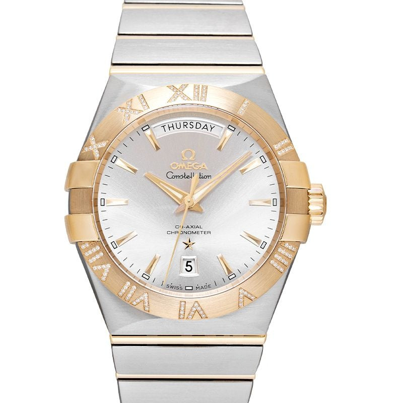 Constellation 38 mm silberfarbenes Zifferblatt aus Edelstahl, 18 Karat Gelbgold 123.25.38.22.02.002