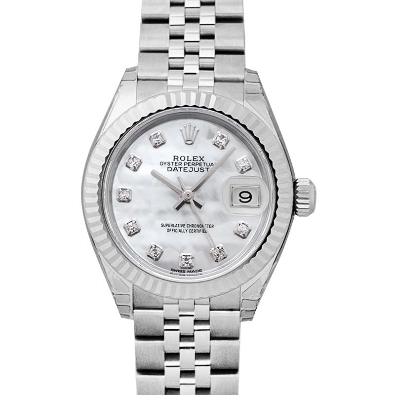 Lady Datejust 28 mm Perlmuttzifferblatt aus Edelstahl, Weißgold 279174-0009G