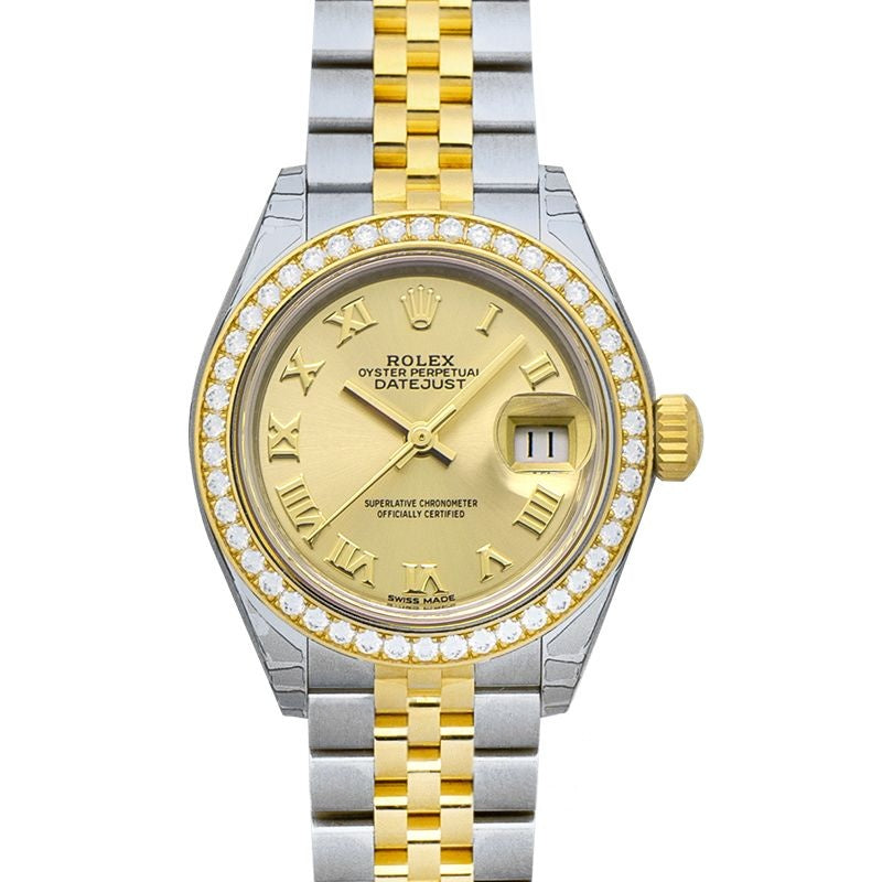 Lady Datejust 28 mm Champagner-Zifferblatt aus Edelstahl, Gelbgold 279383RBR-0009G