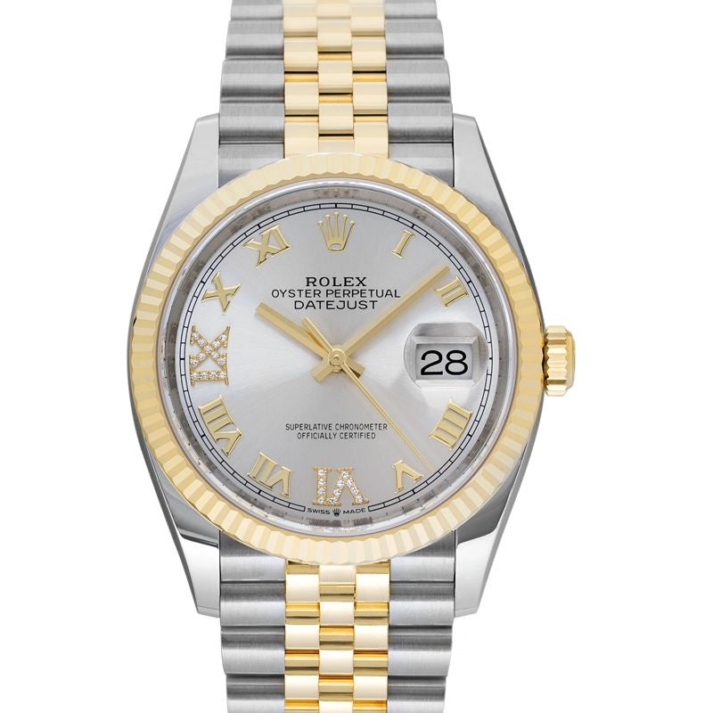 Datejust 36 mm Silber mit Diamanten besetzt Zifferblatt aus Edelstahl, Gelbgold 126233-0031G