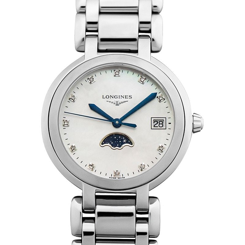 Longines PrimaLuna 34 mm Perlmuttzifferblatt aus Edelstahl L81164876