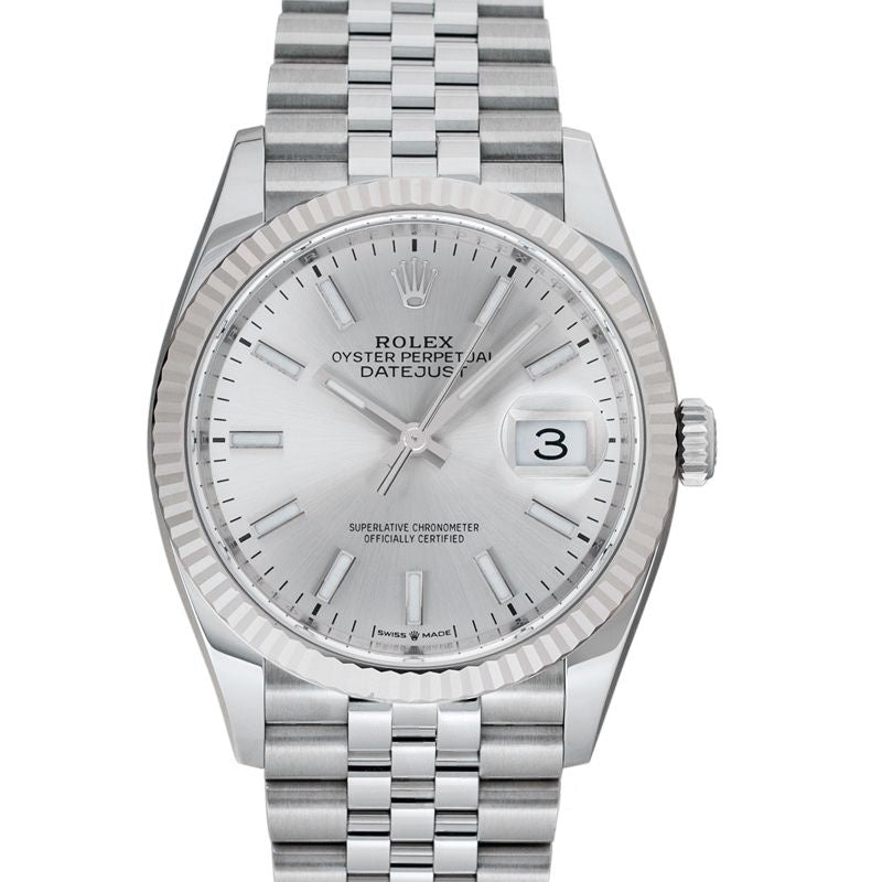 Datejust 36 mm, silbernes Zifferblatt aus Edelstahl, Weißgold 126234-0013