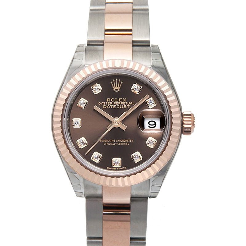Lady Datejust 28 mm, schokoladenbraun, mit Diamanten besetzt, Zifferblatt aus Edelstahl, Everose-Gold 279171-0012