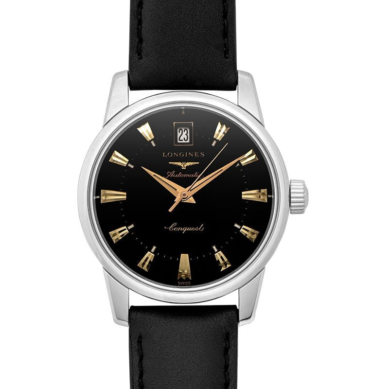 Longines Heritage 35 mm schwarzes Zifferblatt aus Edelstahl L16114522