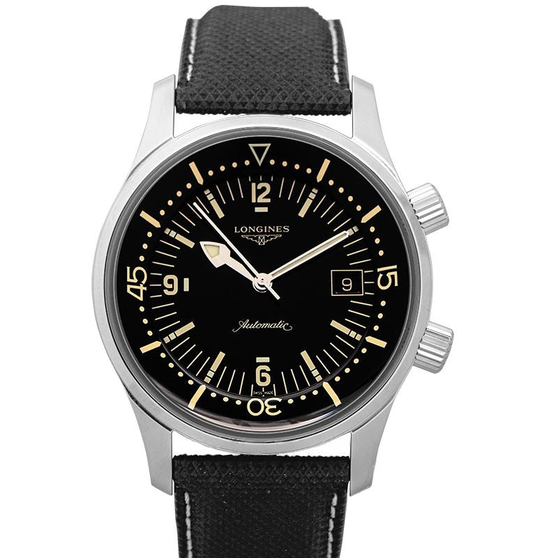 Longines Heritage 42 mm schwarzes Zifferblatt aus Edelstahl L37744500