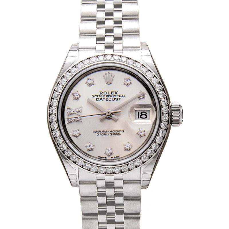 Lady Datejust 28 mm Silber mit Diamanten besetzt Zifferblatt aus Edelstahl, Weißgold 279384RBR-0021
