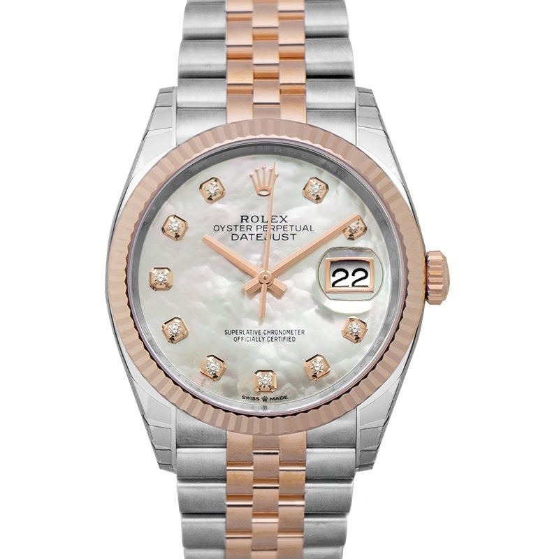 Datejust 36 mm Weißes Perlmutt mit Diamanten Zifferblatt aus Edelstahl, Everose-Gold 126231-0021