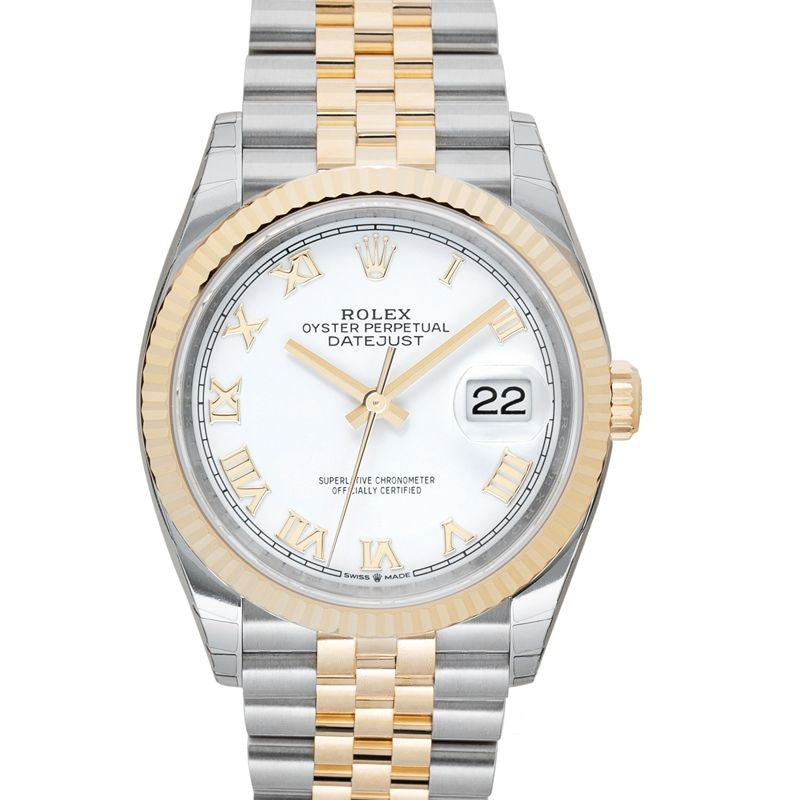 Datejust 36 mm, weißes Zifferblatt aus Edelstahl, Gelbgold 126233