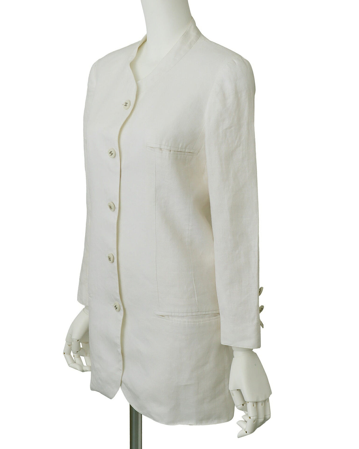 Gebrauchte Jacke, Ohne Kragen, Leinen, Weiß, Goldfarbene Metallteile, Gebraucht
