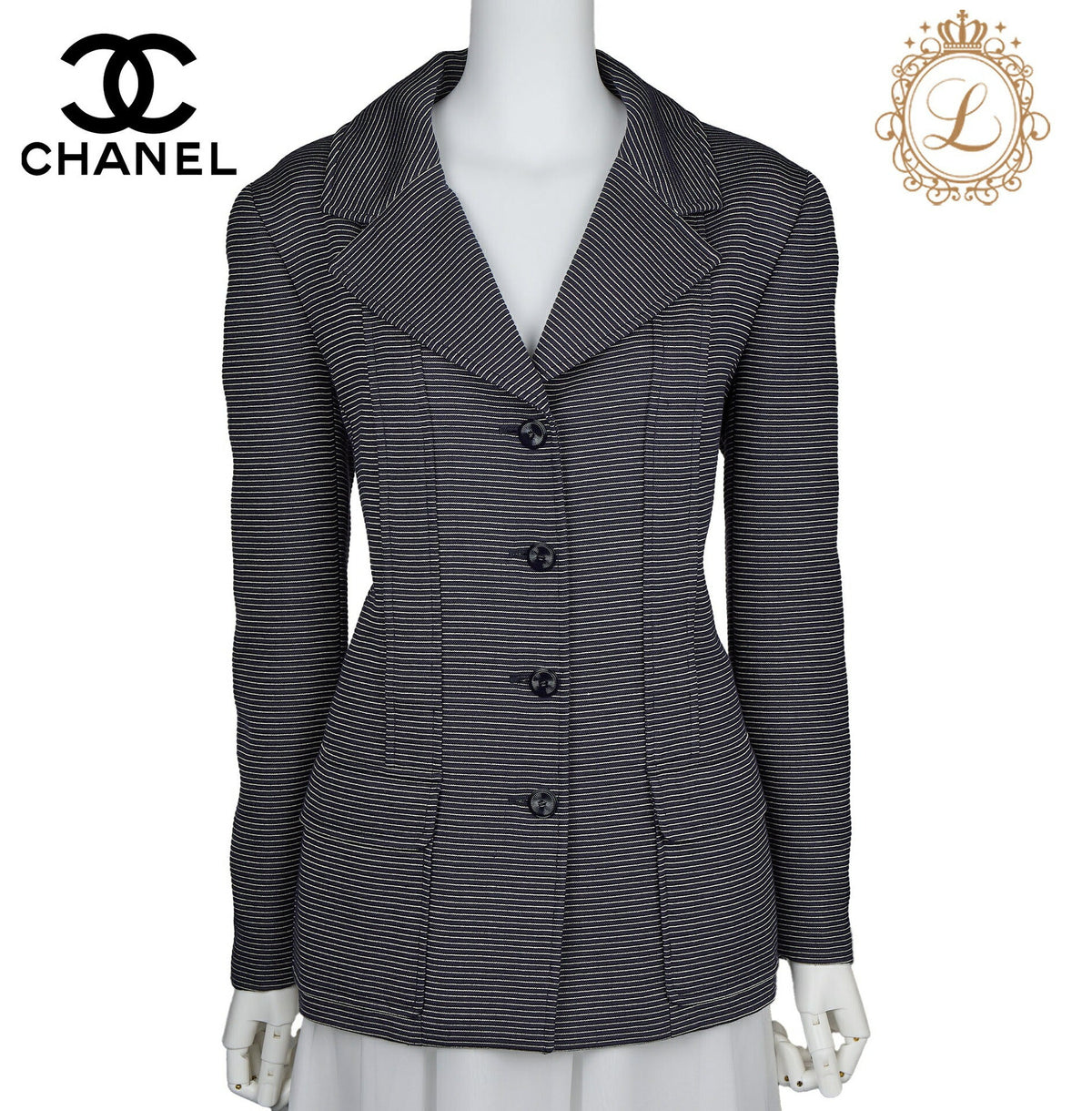 Pre-Owned Jacke Langarm Coco Knopfleiste Wolle Seide Schwarz Goldfarbene Hardware Pre-Owned