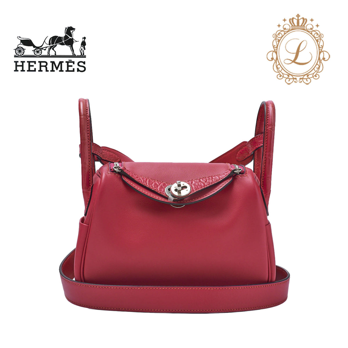 Gebrauchte Mini Lindy 18 2WAY Schultertasche Swift Crocodile Rose Shocking Silver-Tone Hardware Gebrauchte
