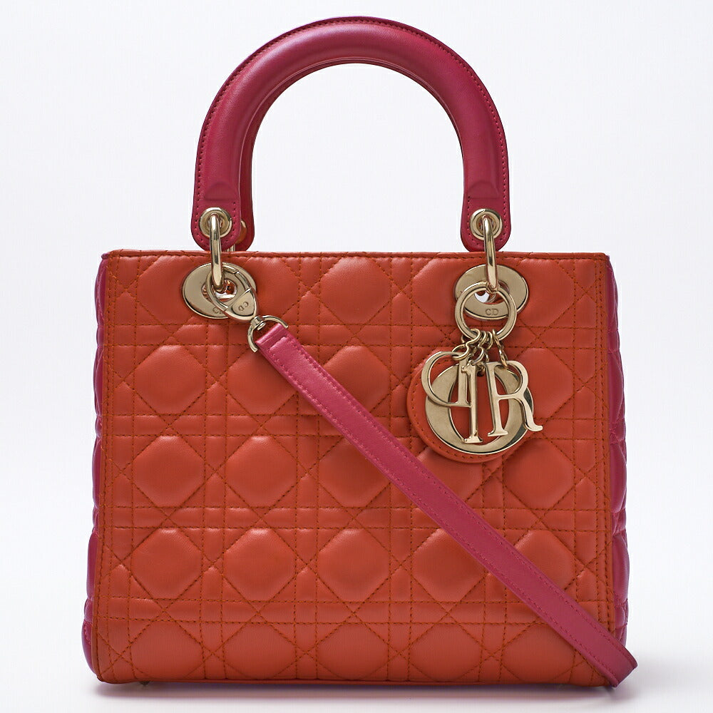 Gebrauchte Lady Cannage Bicolor 2WAY Handtasche Lammleder Rot Goldfarbene Hardware Gebraucht