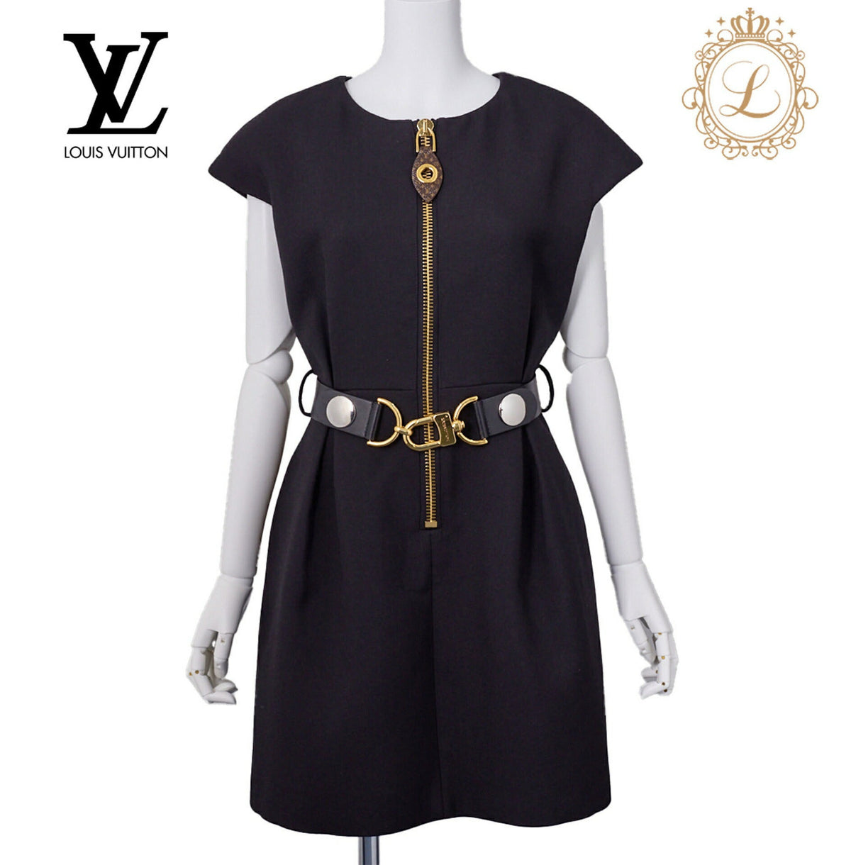 Pre-Owned Vuitton Einteiliges Kleid, Monogramm, Wolle, Schwarz, Silberfarbene Hardware, Pre-Owned