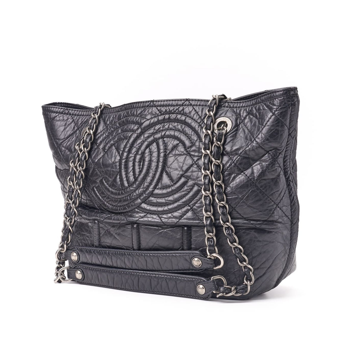Pre-Owned Tote Bag Matelassé Coco Mark Doppelkette Vintage Kalbsleder Schwarz Silberfarbene Hardware Pre-Owned