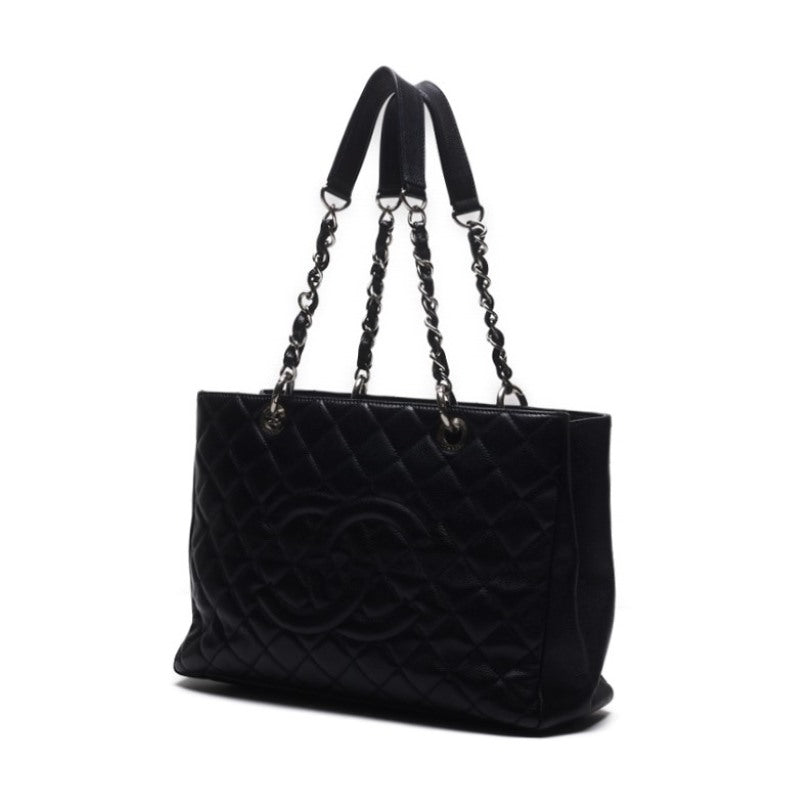 Pre-Owned Chain Tote Schultertasche, Caviskin, Schwarz, Silberfarbene Metallteile, Pre-Owned