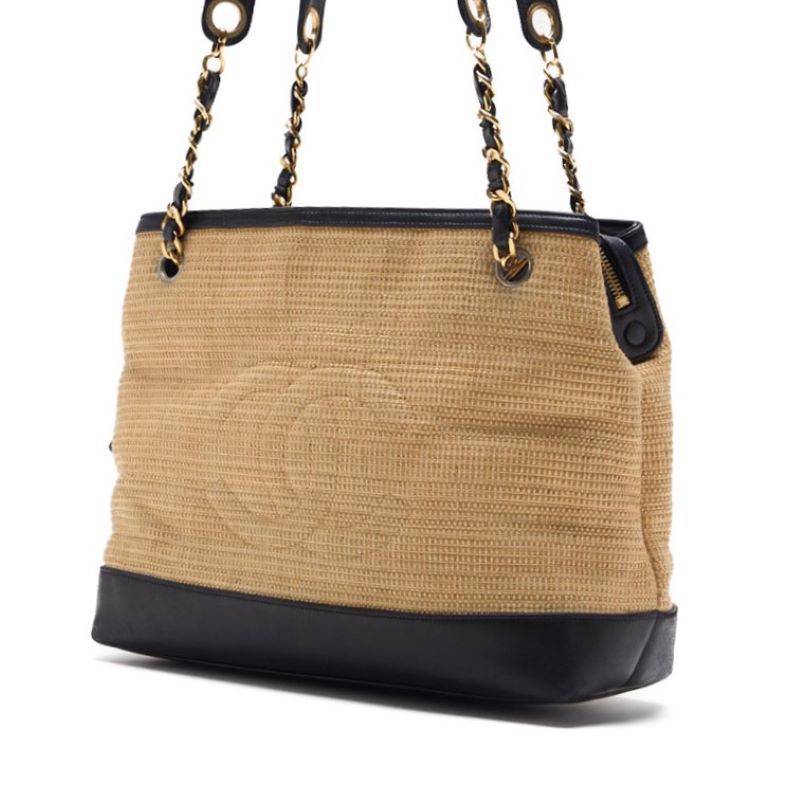Gebrauchte Umhängetasche, Coco Mark, Doppelkette, Stroh und Lammleder, Beige, Goldfarbene Metallteile, Gebraucht
