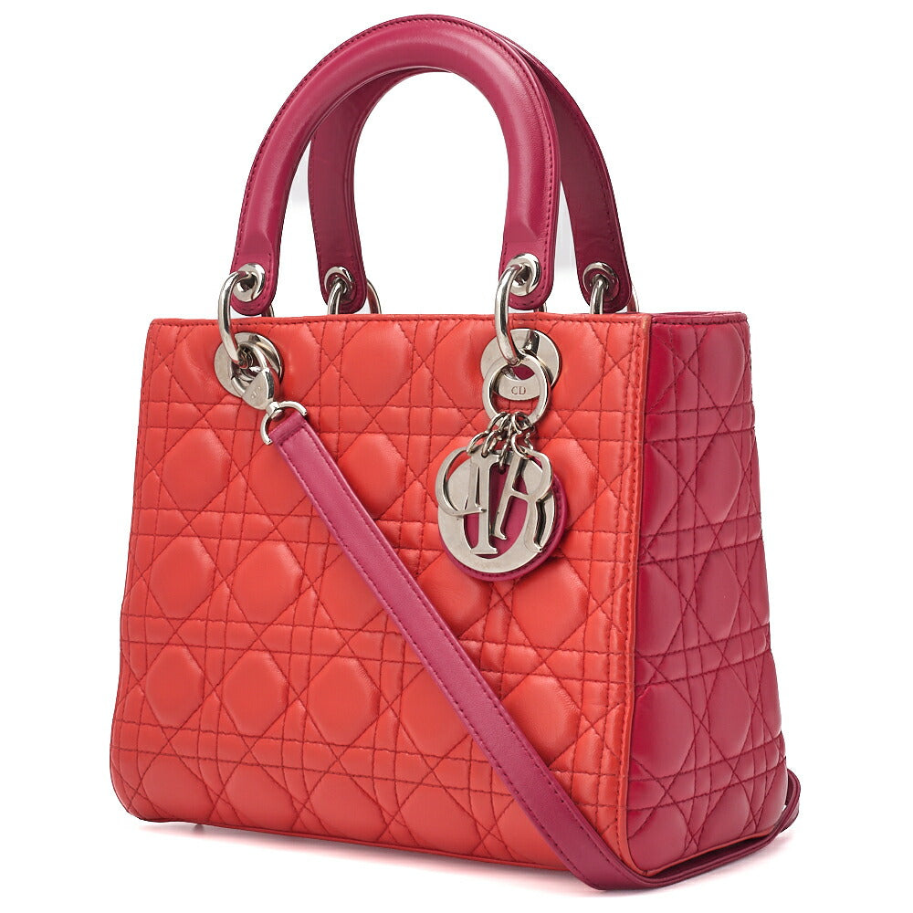 Gebrauchte Lady Cannage 2WAY Handtasche Lammleder Rot Lachsrosa Goldfarbene Hardware Gebraucht