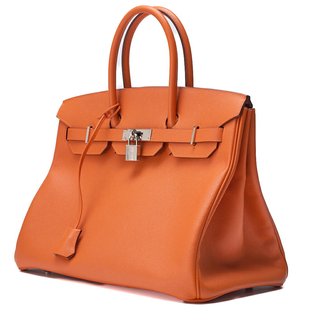 Gebrauchte Birkin 35 Handtasche Vo Epson Orange Vaux Epson Silberfarbene Hardware Gebraucht
