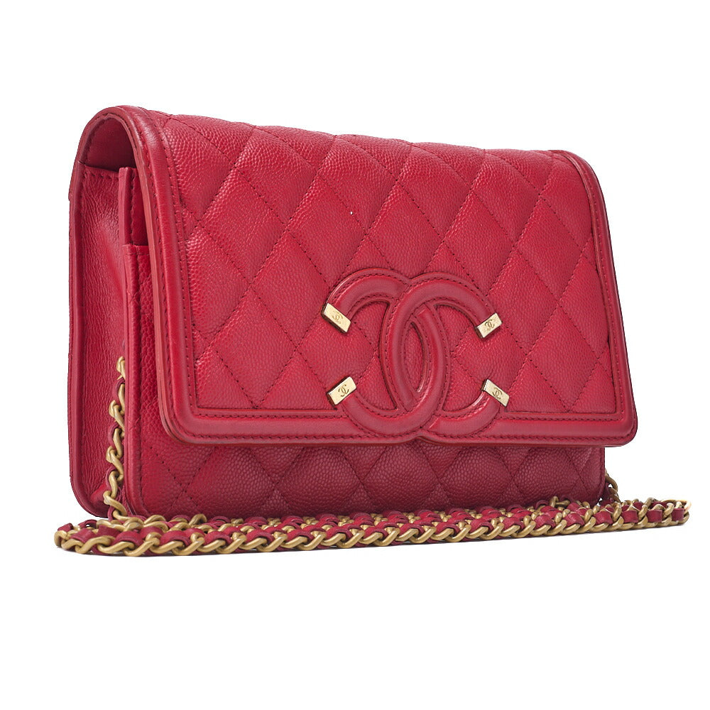 Pre-Owned Schultertasche Kette Geldbörse Matelassé Kaviar Haut Rot Gold-Ton Hardware Pre-Owned