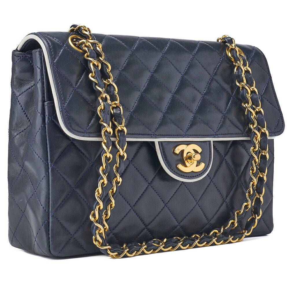 Pre-Owned Schultertasche aus Matelassé-Lammleder, zweifarbig, Marineblau, goldfarbene Metallteile