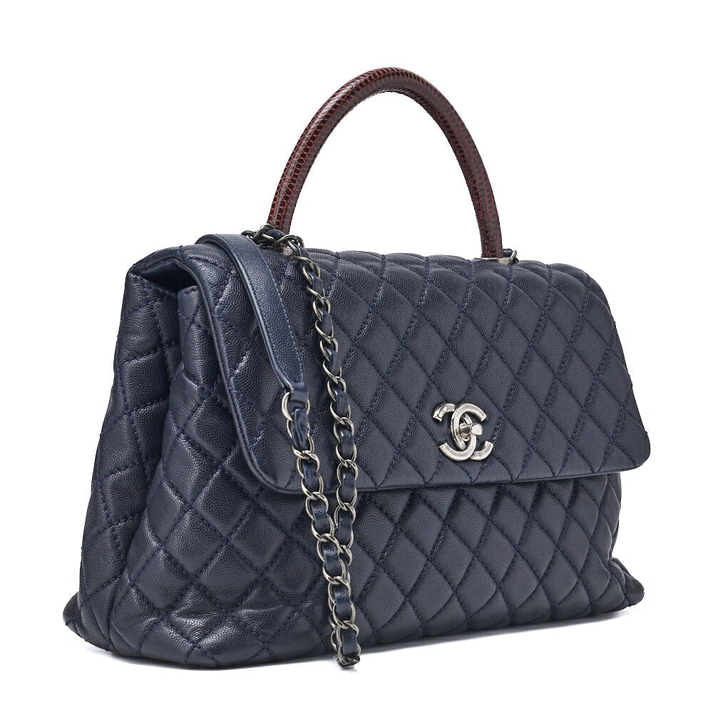 Gebrauchte Schultertasche Matelasse Coco Handle 2WAY Caviar Skin Navy Silberfarbene Hardware Gebraucht