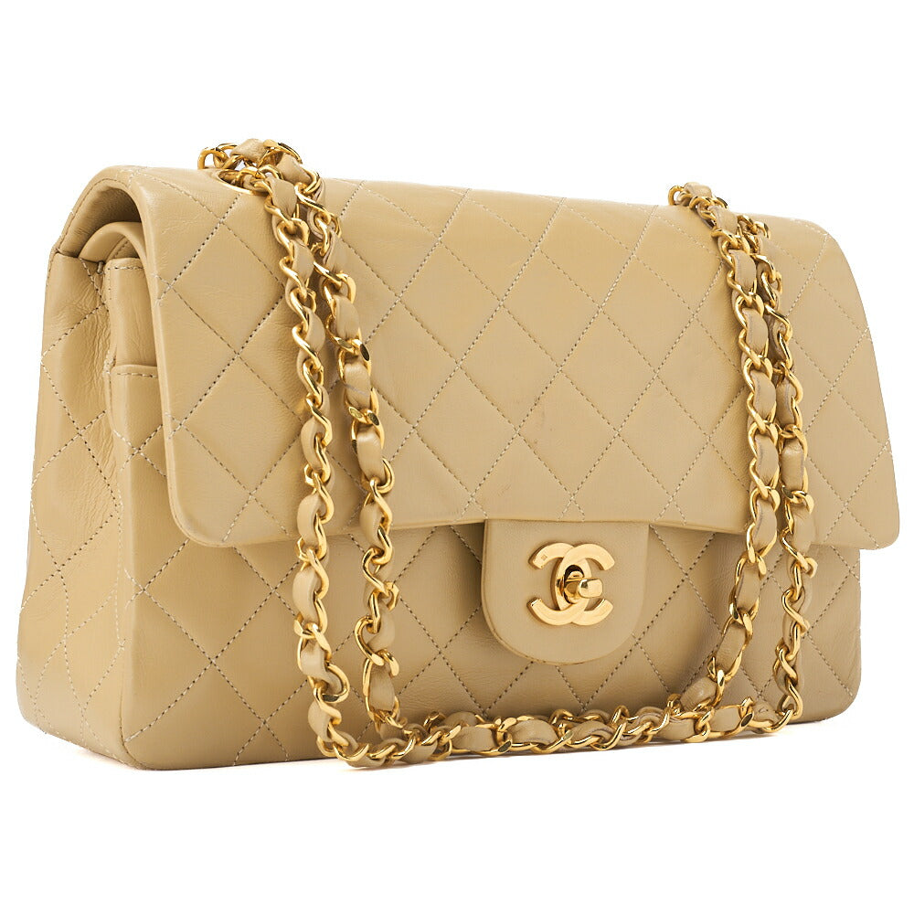 Pre-Owned Schultertasche Tote Bag Matelassé Doppelklappe Lammleder Beige Goldfarbene Hardware Pre-Owned