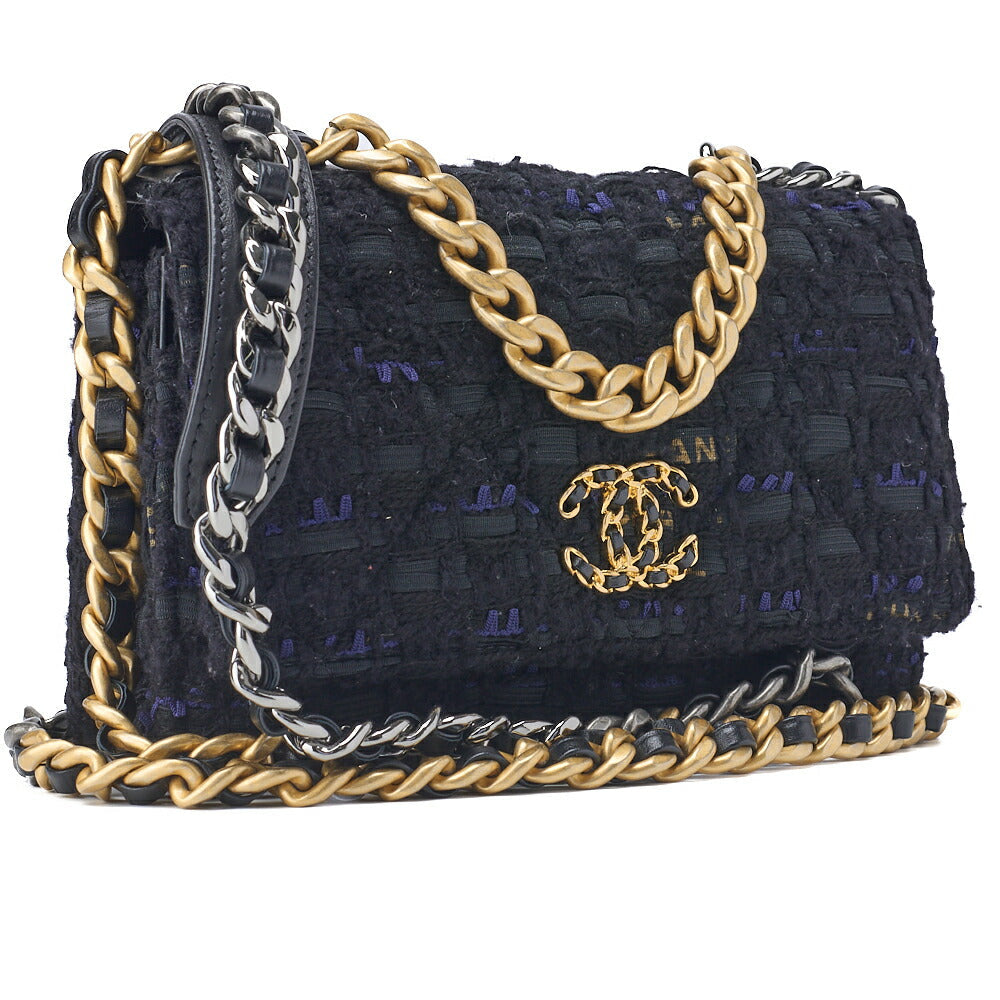 Pre-Owned Schultertasche Tote Bag 19 Matelasse Chain Wallet Tweed Schwarz Goldfarbene Hardware Pre-Owned