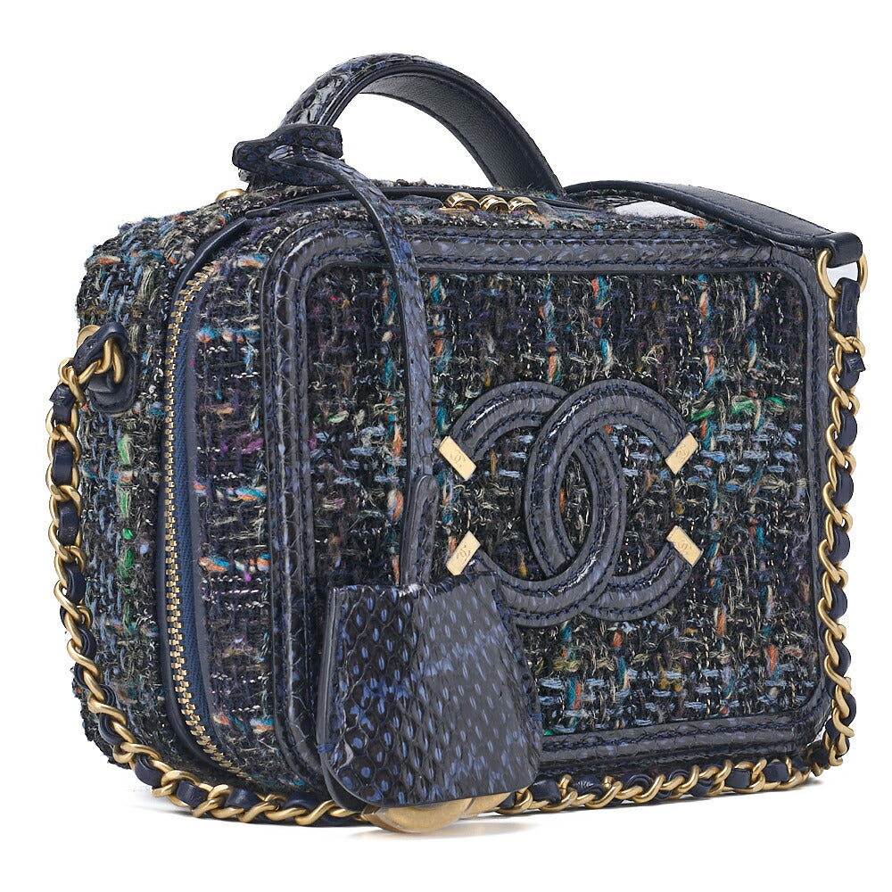 Gebrauchte Schultertasche Coco Mark CC Filigrane 2WAY Python Tweed Marineblau Goldfarbene Hardware Gebraucht