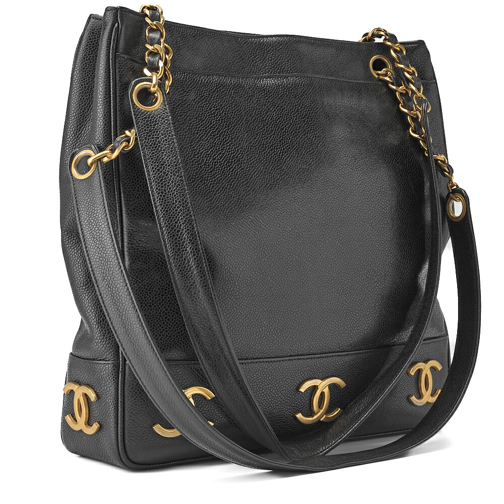 Gebrauchte Schultertasche Triple Coco Doppelkette Schulter Caviar Skin Schwarz Goldfarbene Hardware Gebraucht